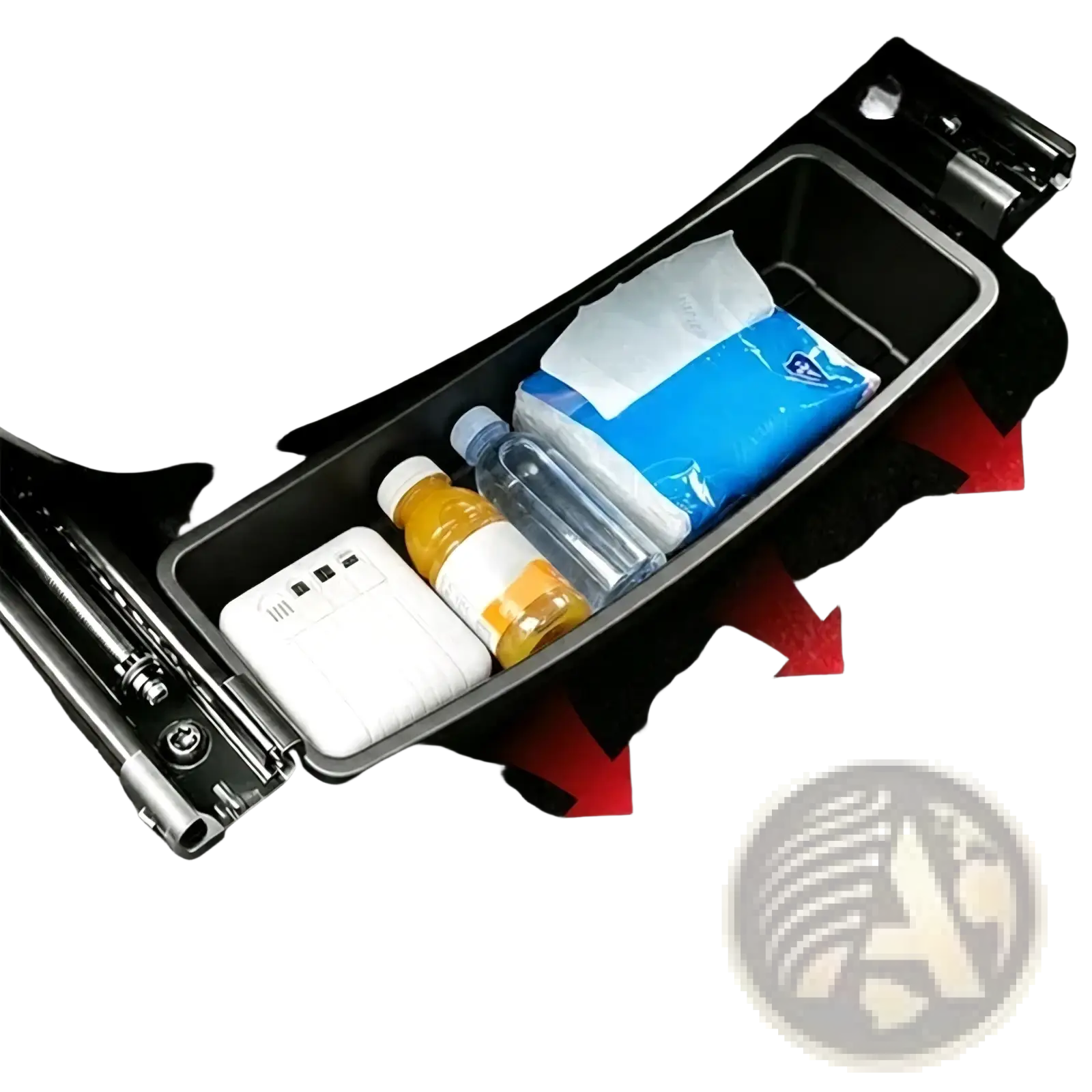 Black under seat car storage organizer box with hidden compartment and sleek modern design with smooth edges