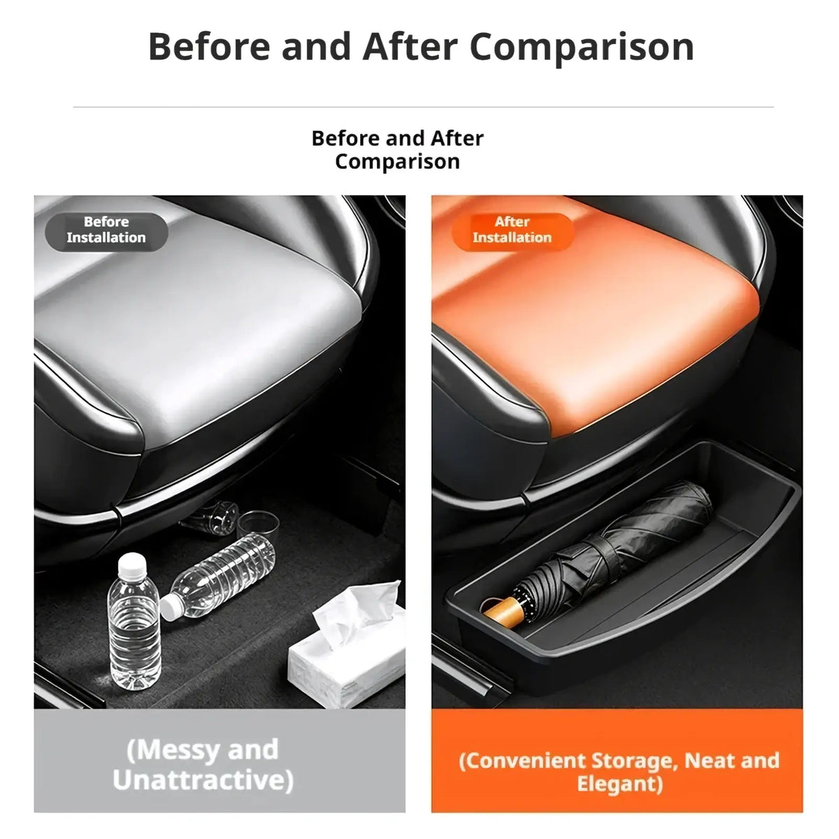 Orange leather under seat car storage organizer box showcasing the stylish leather car seat cover design