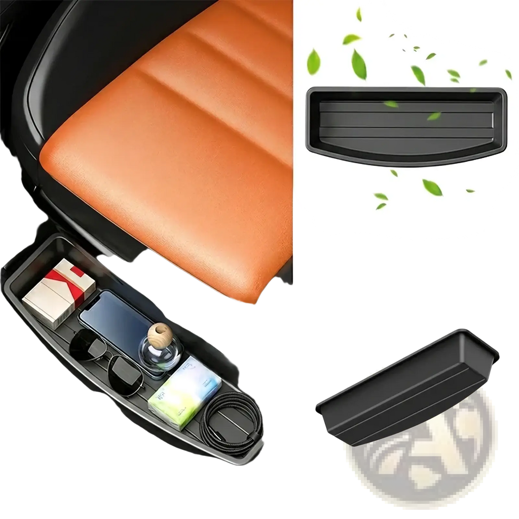 Under seat car storage organizer box in black plastic with anti slip bottom groove and ridged interior for secure placement