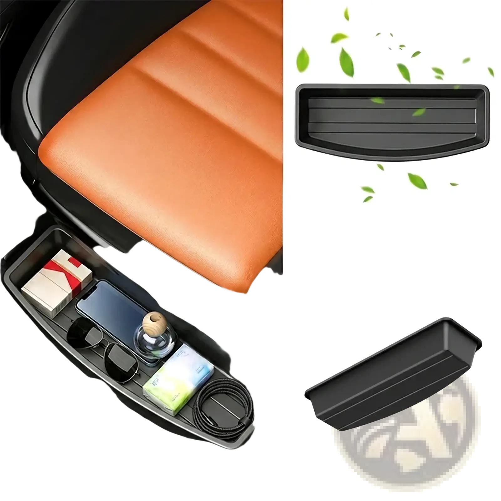 Under seat car storage organizer box in black plastic with anti slip bottom groove and ridged interior for secure placement
