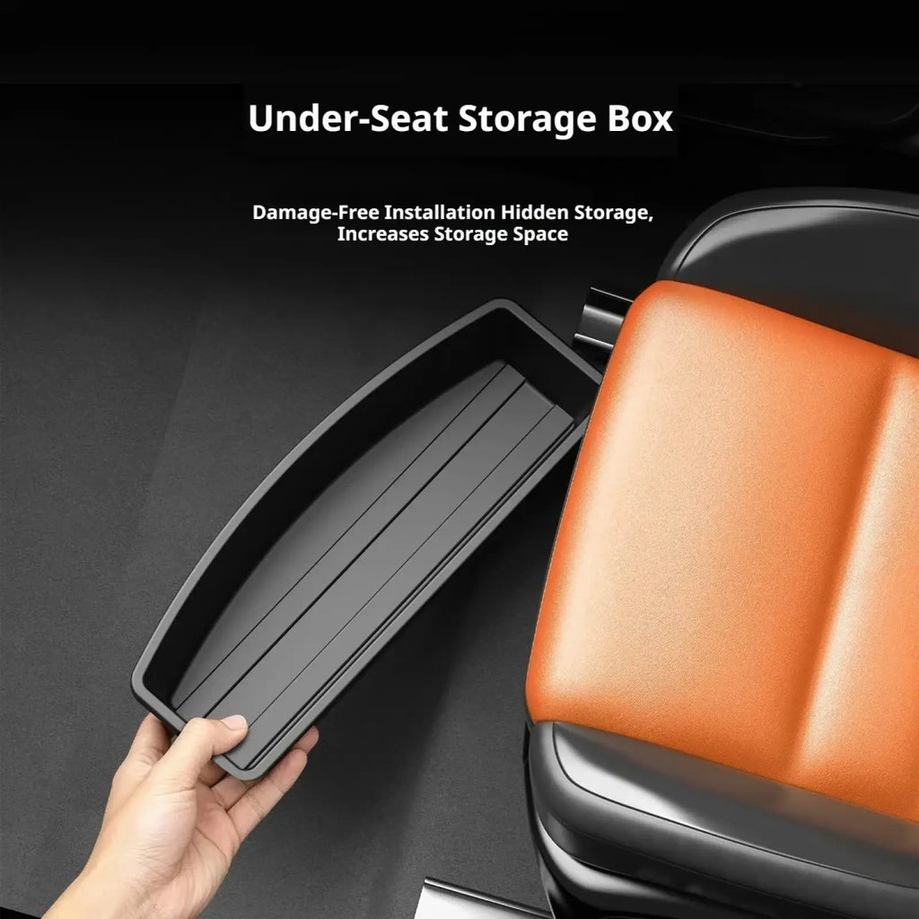 Black under seat car storage organizer box with sleek ribbed interior for hidden vehicle organization