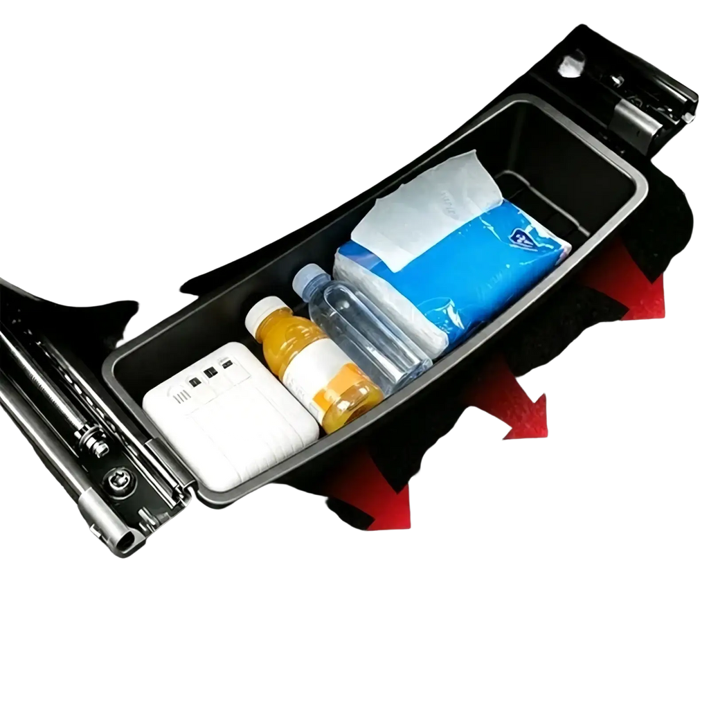 Black under seat car storage organizer box with hidden compartment and sleek modern design with smooth edges