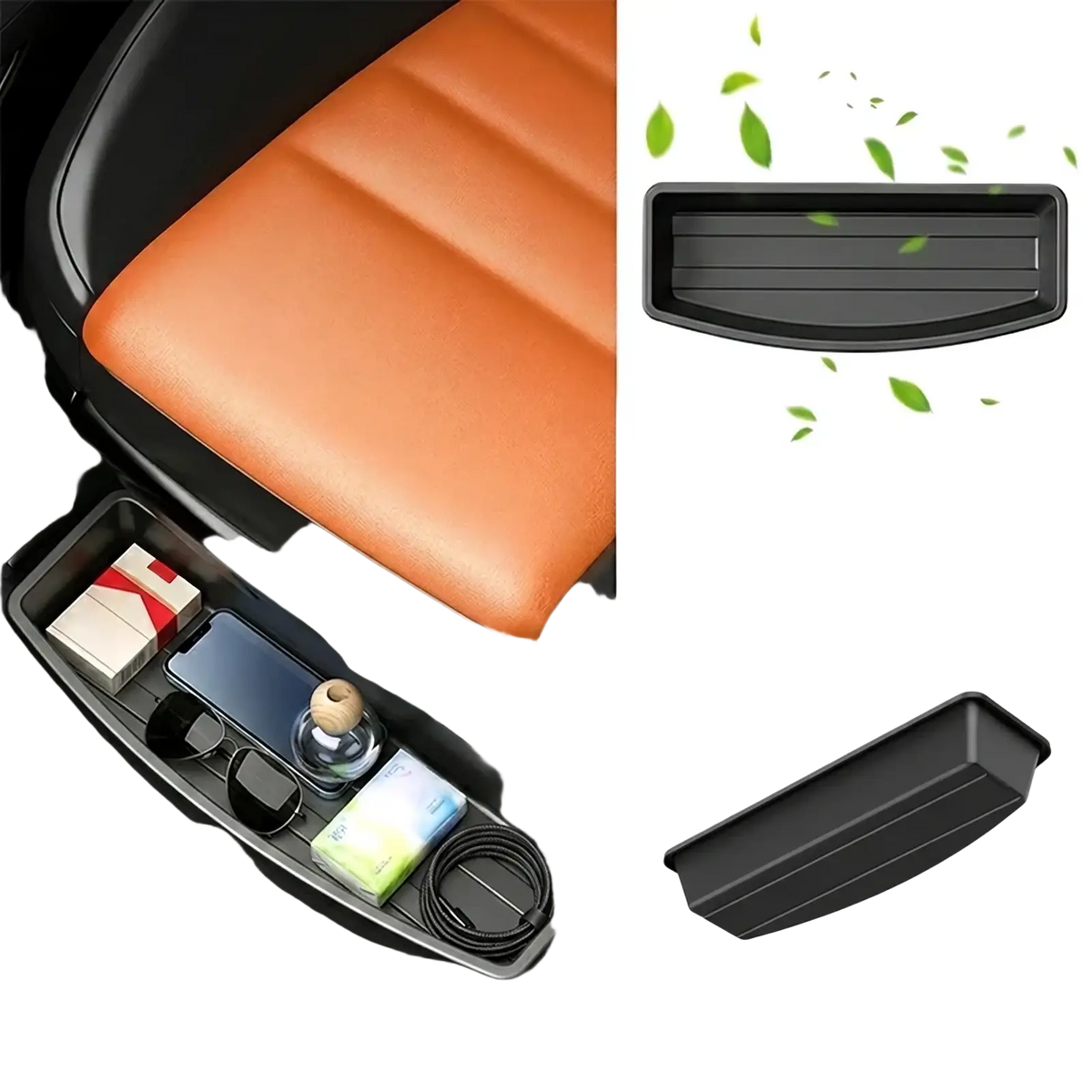 Under seat car storage organizer box in black plastic with anti slip bottom groove and ridged interior for secure placement
