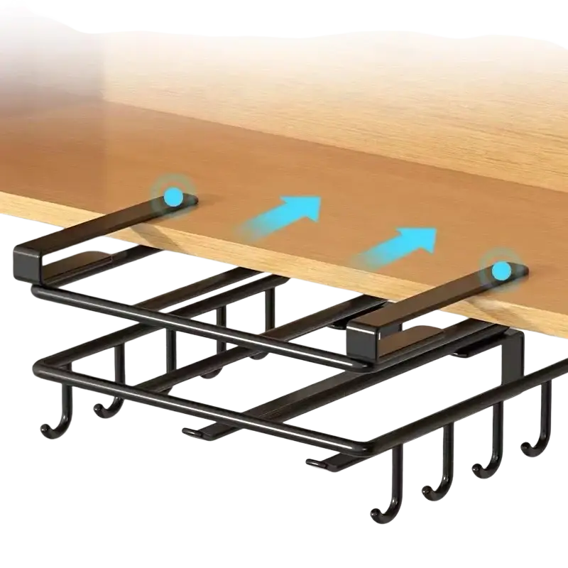 Black metal under shelf hook rack with multiple curved hooks and adjustable mounting brackets for cabinet organization