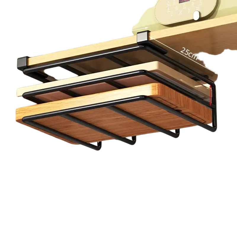 Black metal-framed wall-mounted under shelf basket storage rack with wooden slats for cabinet organization