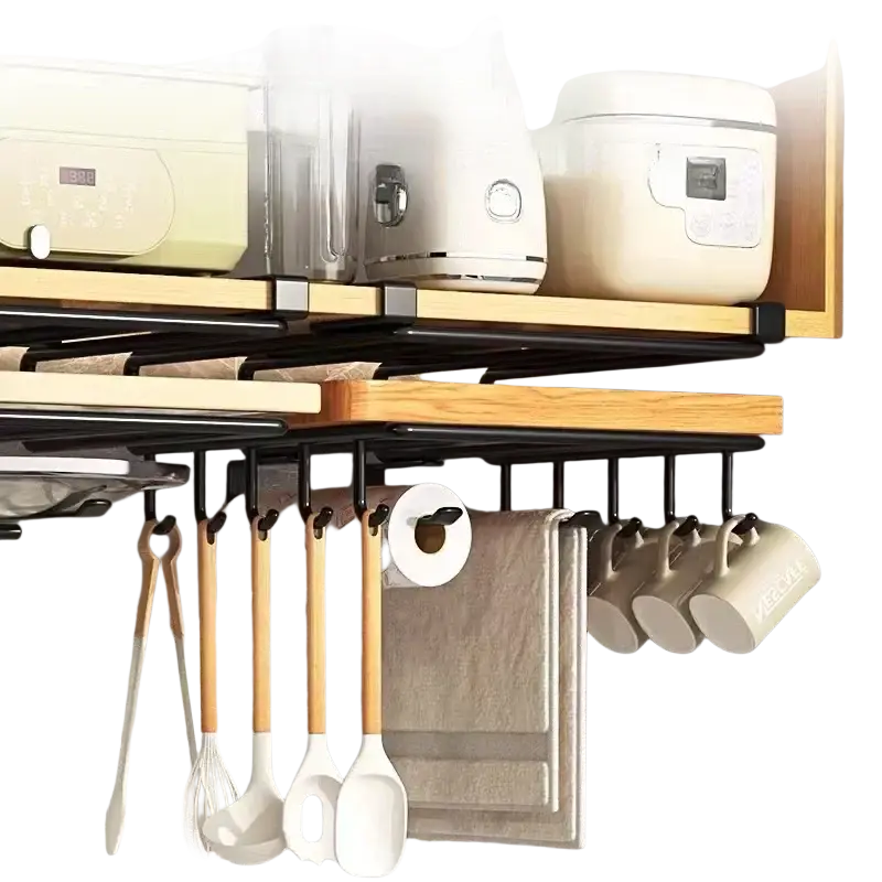 Black metal kitchen rack with wooden shelves and hooks holding utensils mugs and towel under shelf basket storage rack