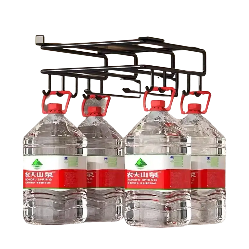 Black metal under shelf basket storage rack with red plastic hooks holding clear 10 liter water bottles