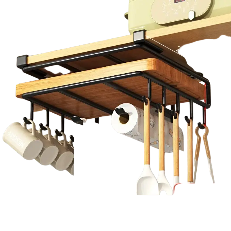Under shelf basket storage rack black metal and wood kitchen shelf with hooks for mugs spatulas and paper towels