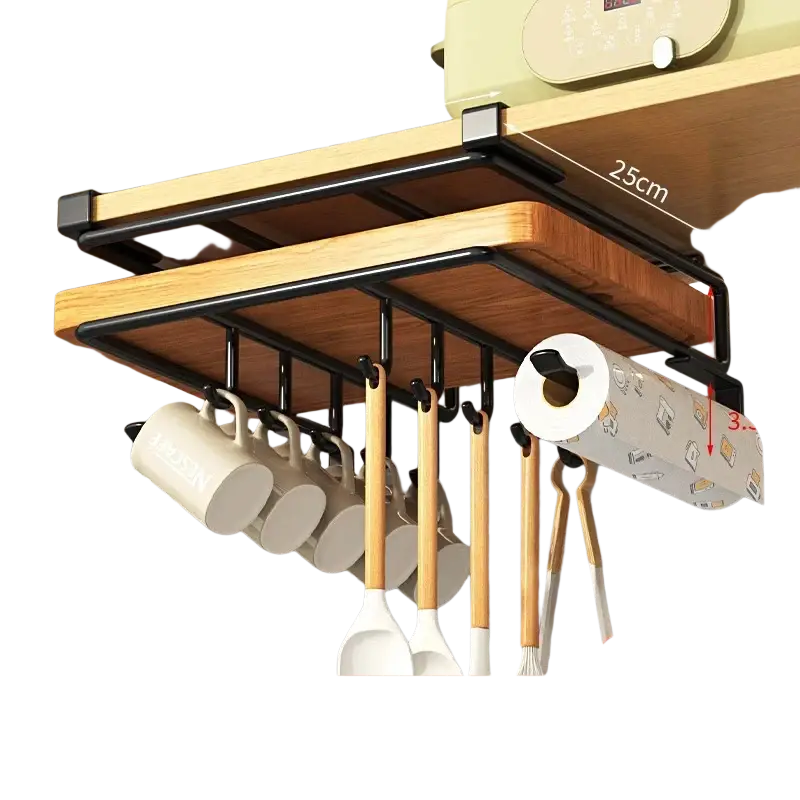 Black metal and wood under shelf basket storage rack with hooks for mugs spatulas and paper towel roll organizer