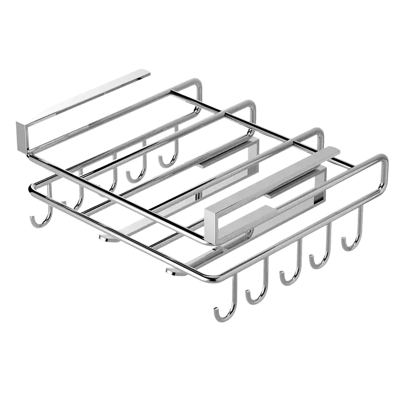 Chrome-finished metal under shelf basket storage rack with multiple hooks and sliding tray for cabinet organization