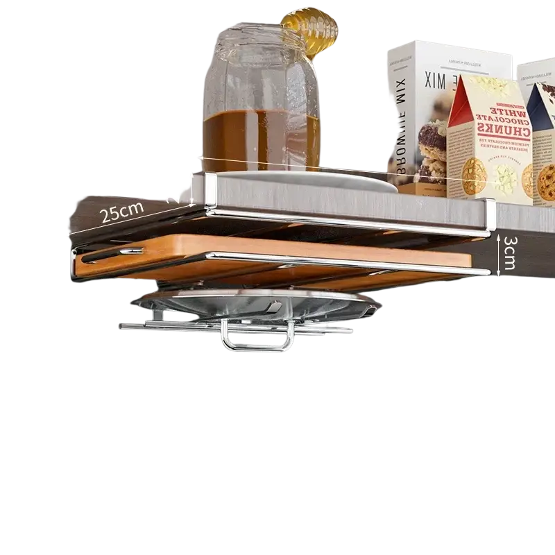 Silver metallic under shelf basket storage rack with wooden top and adjustable height for space-saving storage