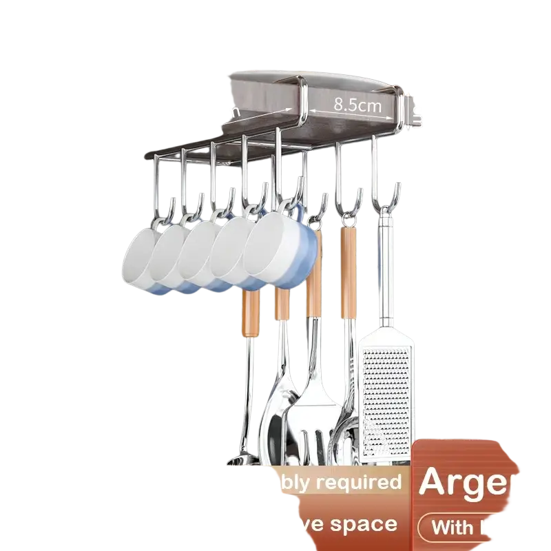 Silver metallic under shelf basket storage rack metal cabinet organizer with multiple hooks holding mugs and tools