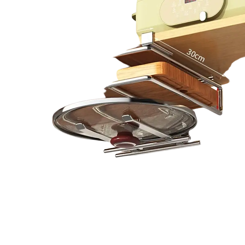 Silver metallic under shelf basket storage rack with wooden panel and adjustable height for pot lid organization