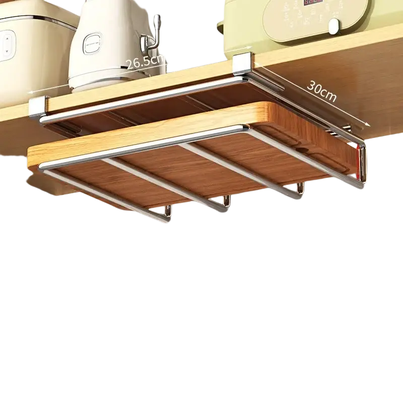 Silver metal and light wood pull-out under shelf basket storage rack with sleek modern design for kitchen organization