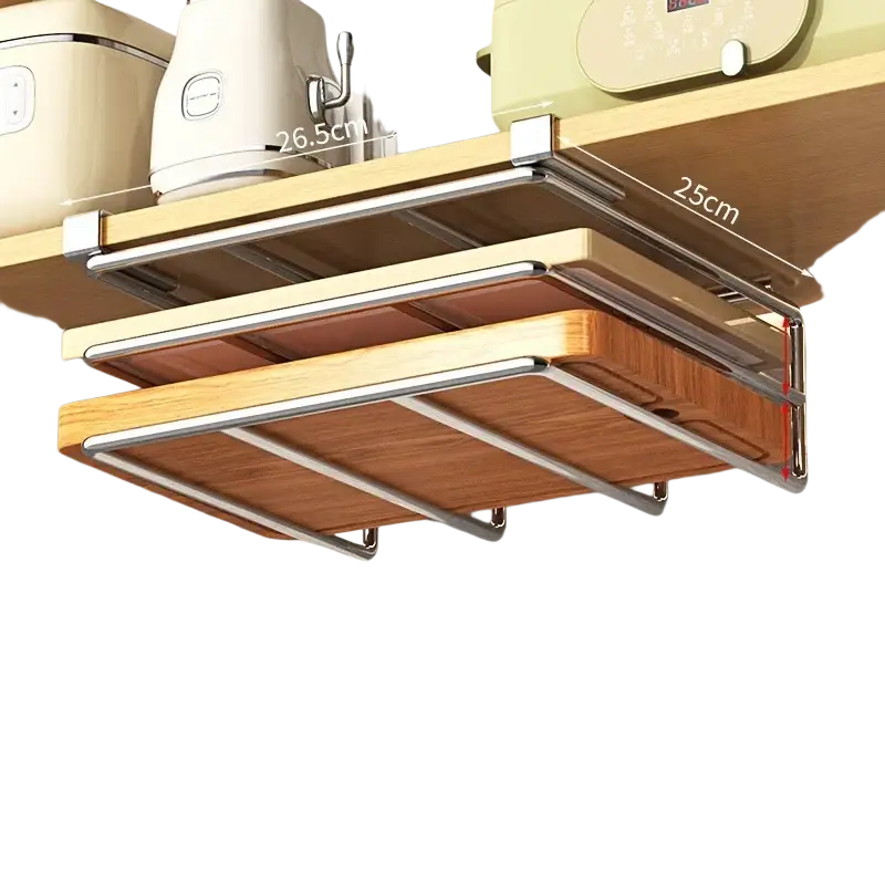 Silver metal and wood pull-out under shelf basket storage rack with sleek modern design for kitchen cabinet organization