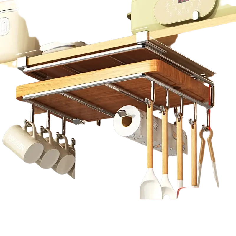 Under shelf basket storage rack silver metal and wood kitchen shelf with hooks for mugs utensils and paper towels