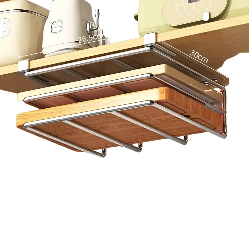 Silver metal and wood pull-out shelf with modern design for kitchen storage in under shelf basket storage rack cabinet organizer