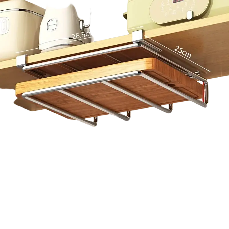 Under shelf basket storage rack metal cabinet organizer with silver metal and natural bamboo pull-out shelf