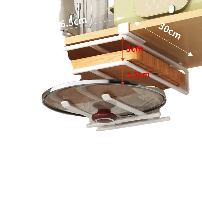 Under shelf basket storage rack metal cabinet organizer with white plastic and wood pot lid rack and adjustable shelves