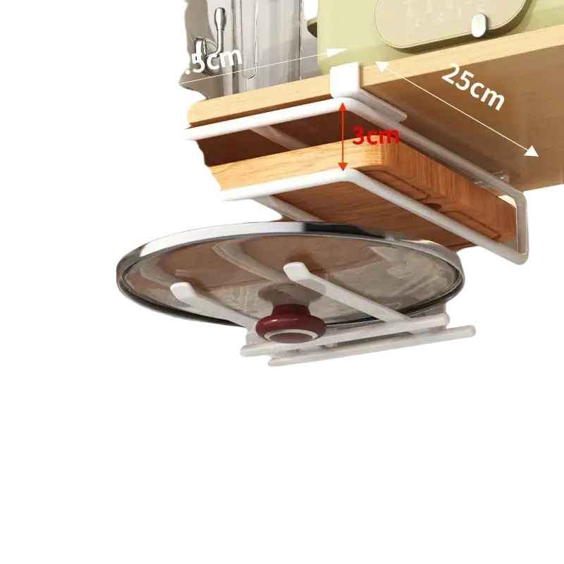 Under shelf basket storage rack metal cabinet organizer in white plastic and wood with circular glass lid holder
