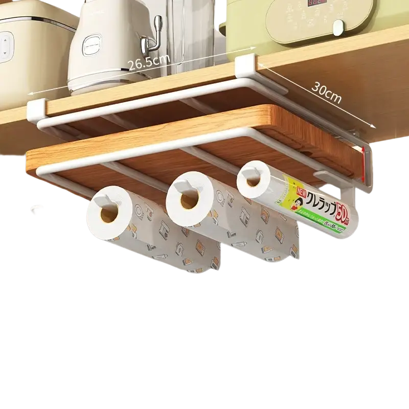 Under shelf basket storage rack white plastic and wood shelf-mounted organizer with three roll holders for kitchen use