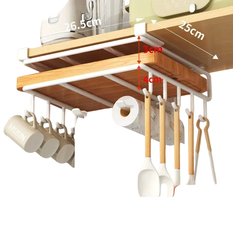 White metal and wood under shelf basket storage rack with hooks for mugs spatulas and paper towel roll organizer