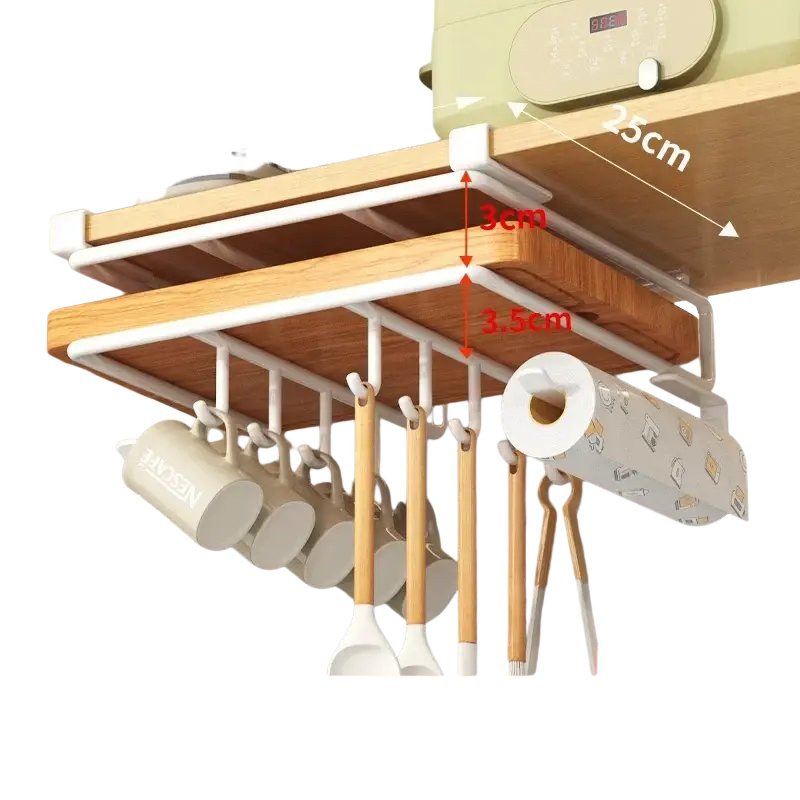 Under shelf basket storage rack white metal and wood kitchen shelf with hanging hooks for mugs utensils and paper towel roll