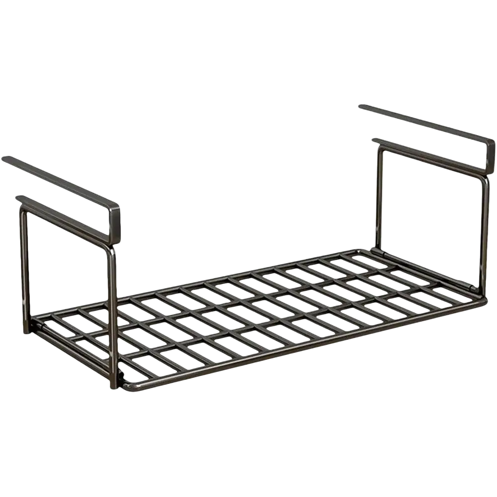 Black metal under shelf shoe storage basket with grid pattern and side brackets for ceiling or wall installation