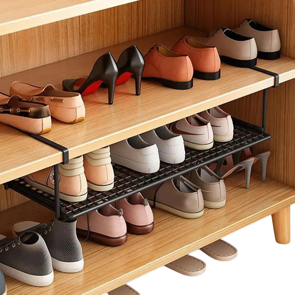 Black metal under shelf shoe storage basket with grid design and adjustable shelves for organized shoe storage