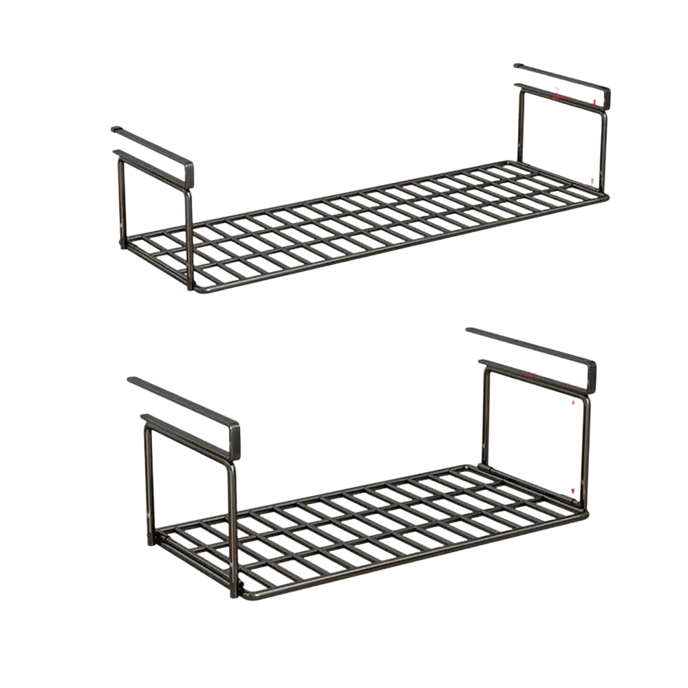 Black metal under shelf shoe storage basket with grid design and mounting brackets for organization