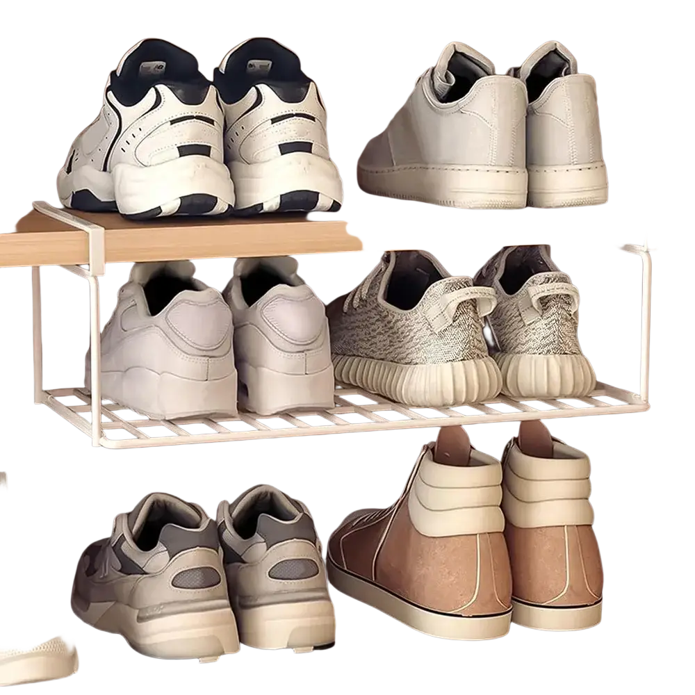 White metal shoe rack with grid design holding multiple pairs of sneakers under shelf shoe storage basket metal organizer