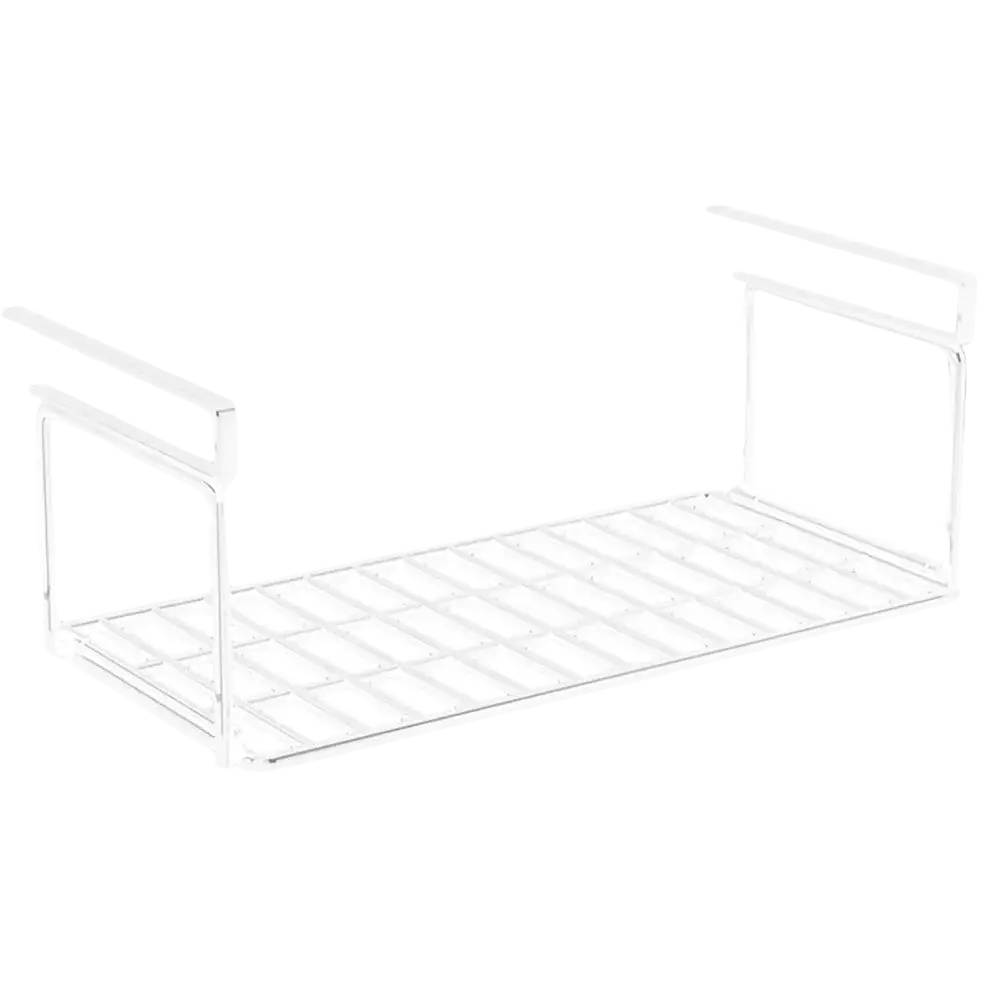 White metal under shelf shoe storage basket with grid pattern and two side handles for metal organizer use