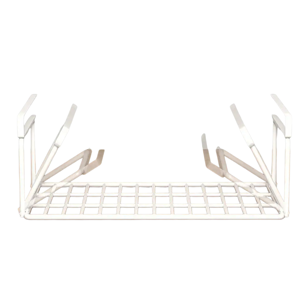 White plastic under shelf shoe storage basket with grid pattern and foldable metal side supports organizer