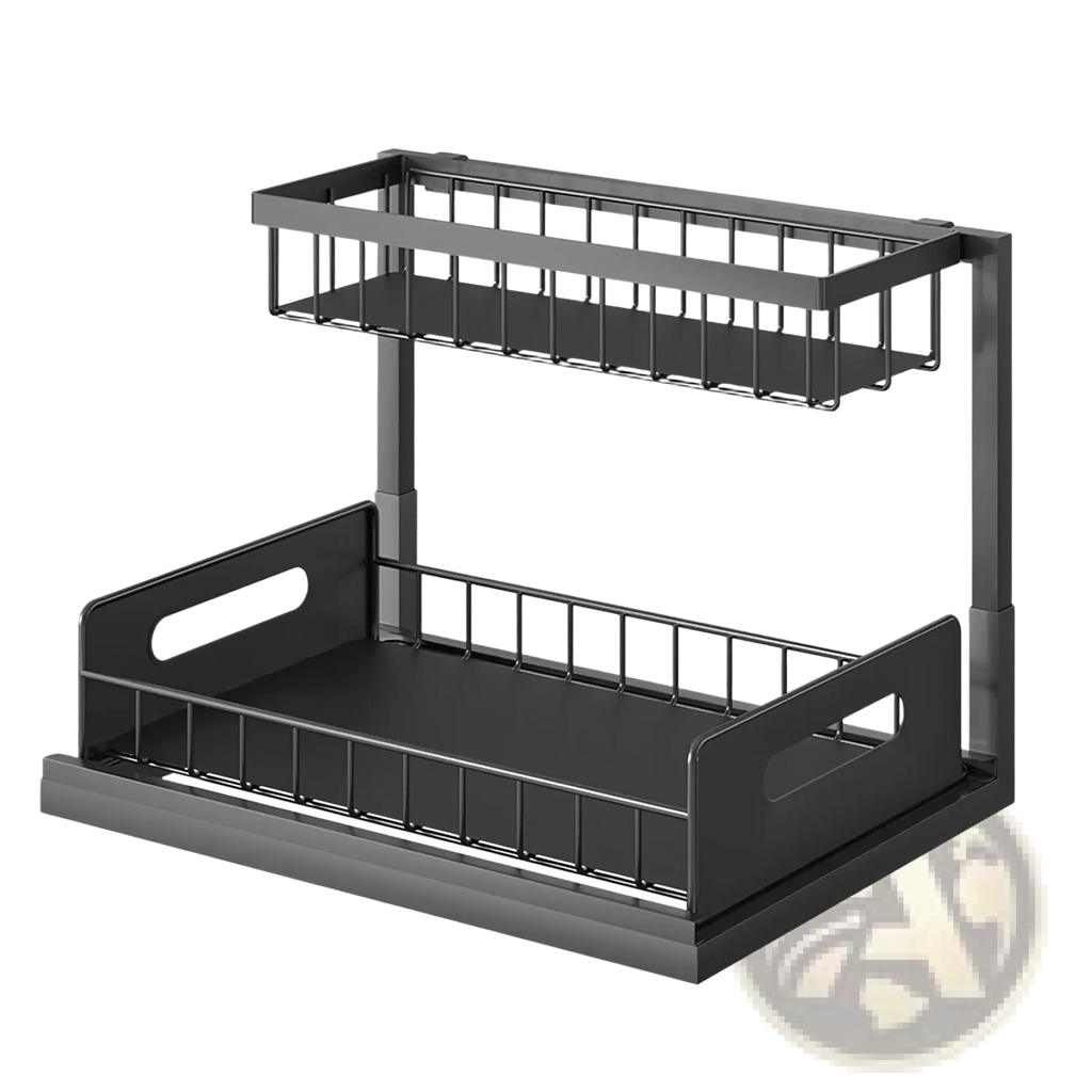 Black metal two-tier under sink organizer with wire mesh shelves and solid base panels for pull out storage