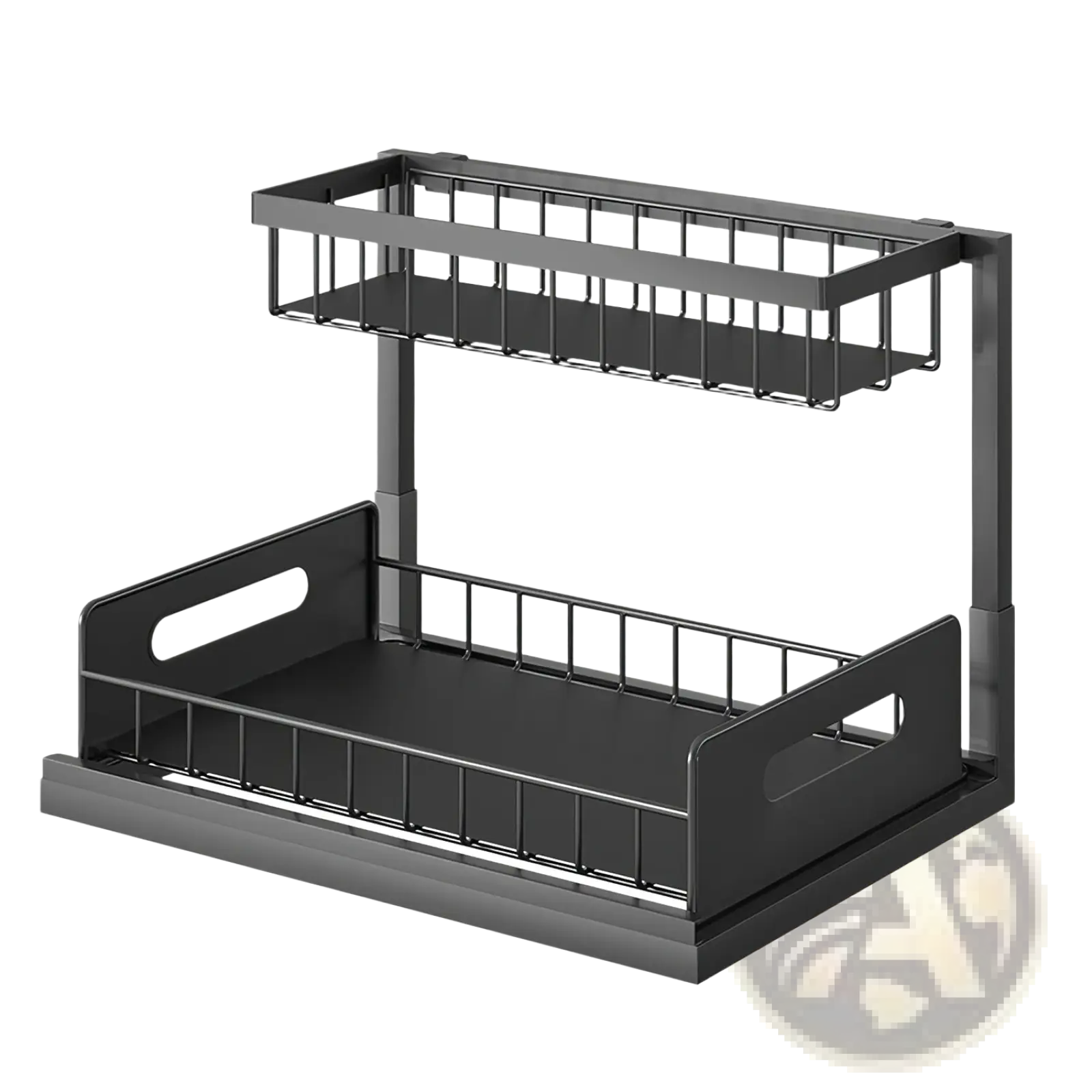 Black metal two-tier under sink organizer with wire mesh shelves and solid base panels for pull out storage
