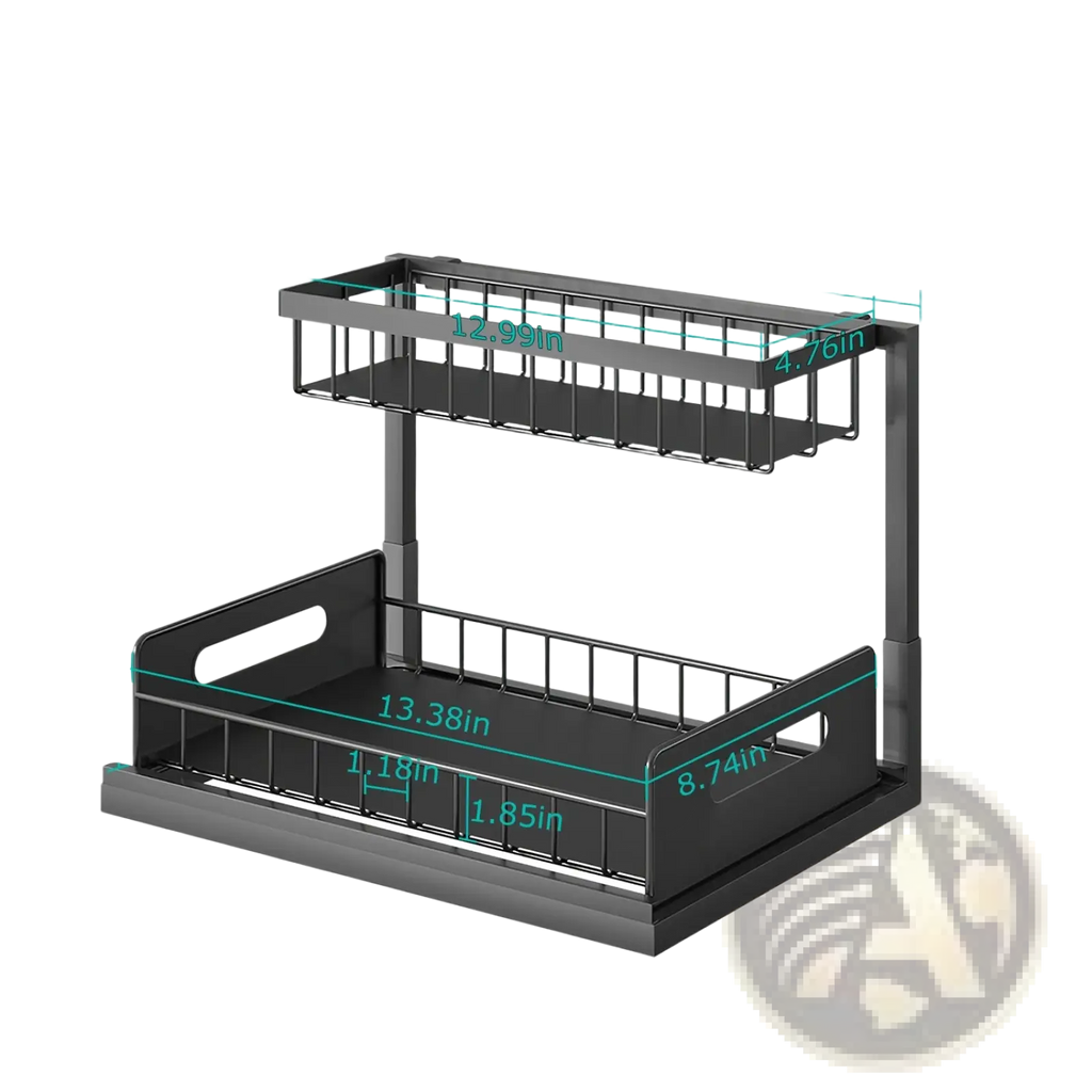 Black two-tier under sink organizer with wire mesh shelves and plastic base for pull out storage use