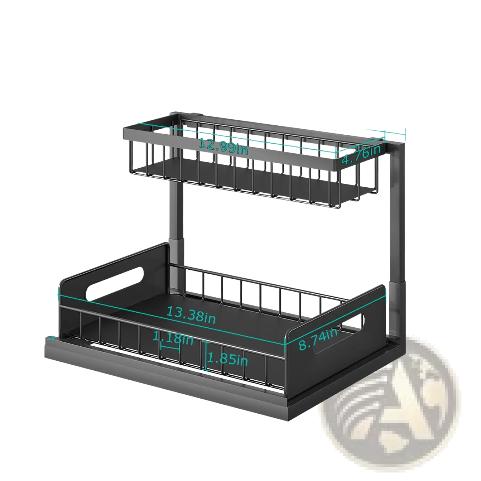 Black two-tier under sink organizer with wire mesh shelves and plastic base for pull out storage use