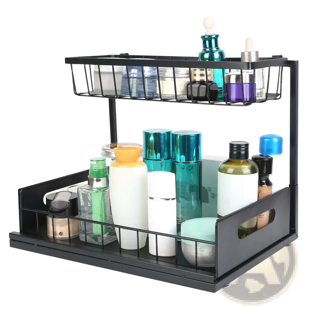 Black metal two-tier under sink organizer with wire mesh shelves and side handle for pull out storage