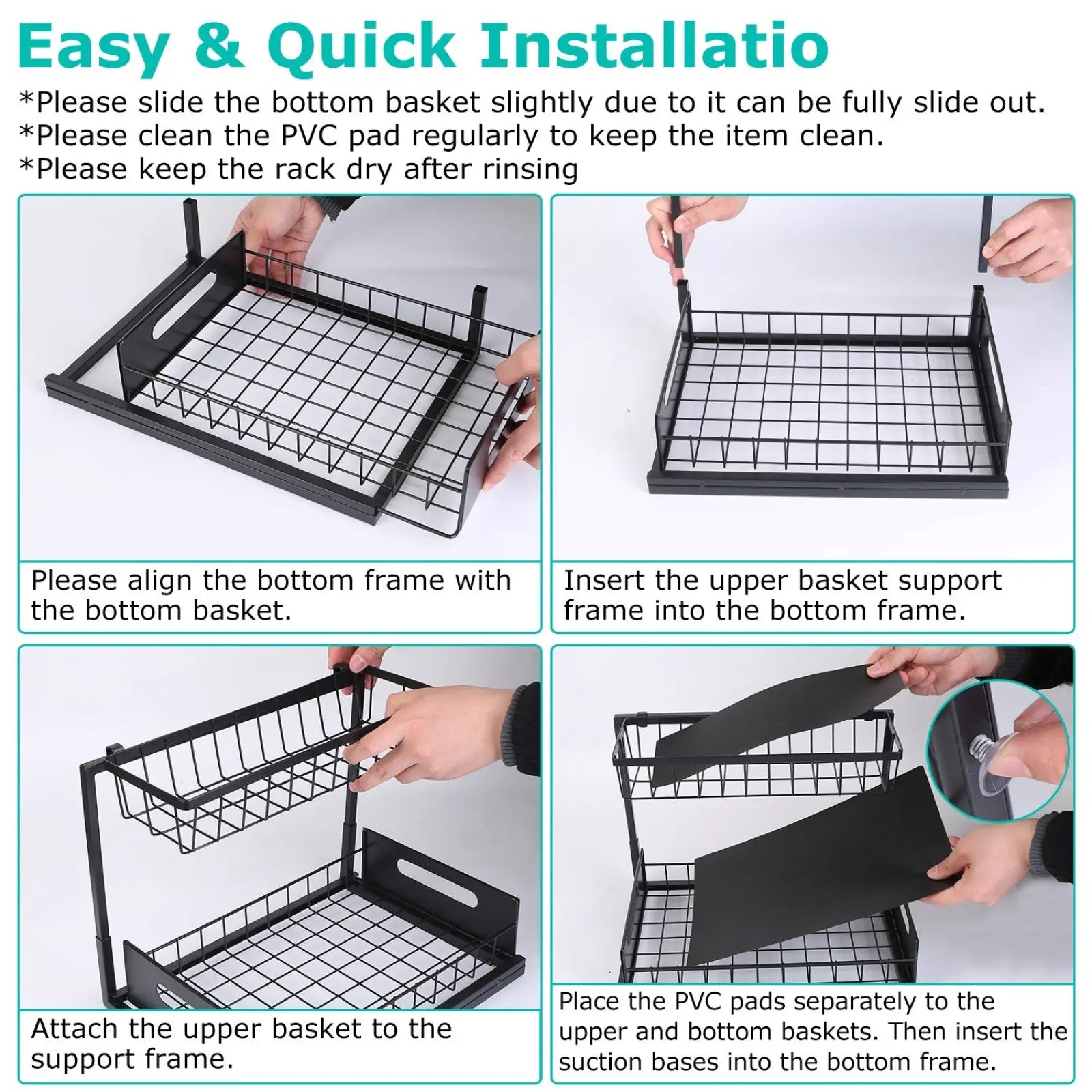 Black metal wire double-tier under sink organizer with suction cup bases for pull out storage shelf