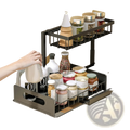 Black metal two-tier pull-out spice rack under sink organizer for efficient kitchen storage and easy access