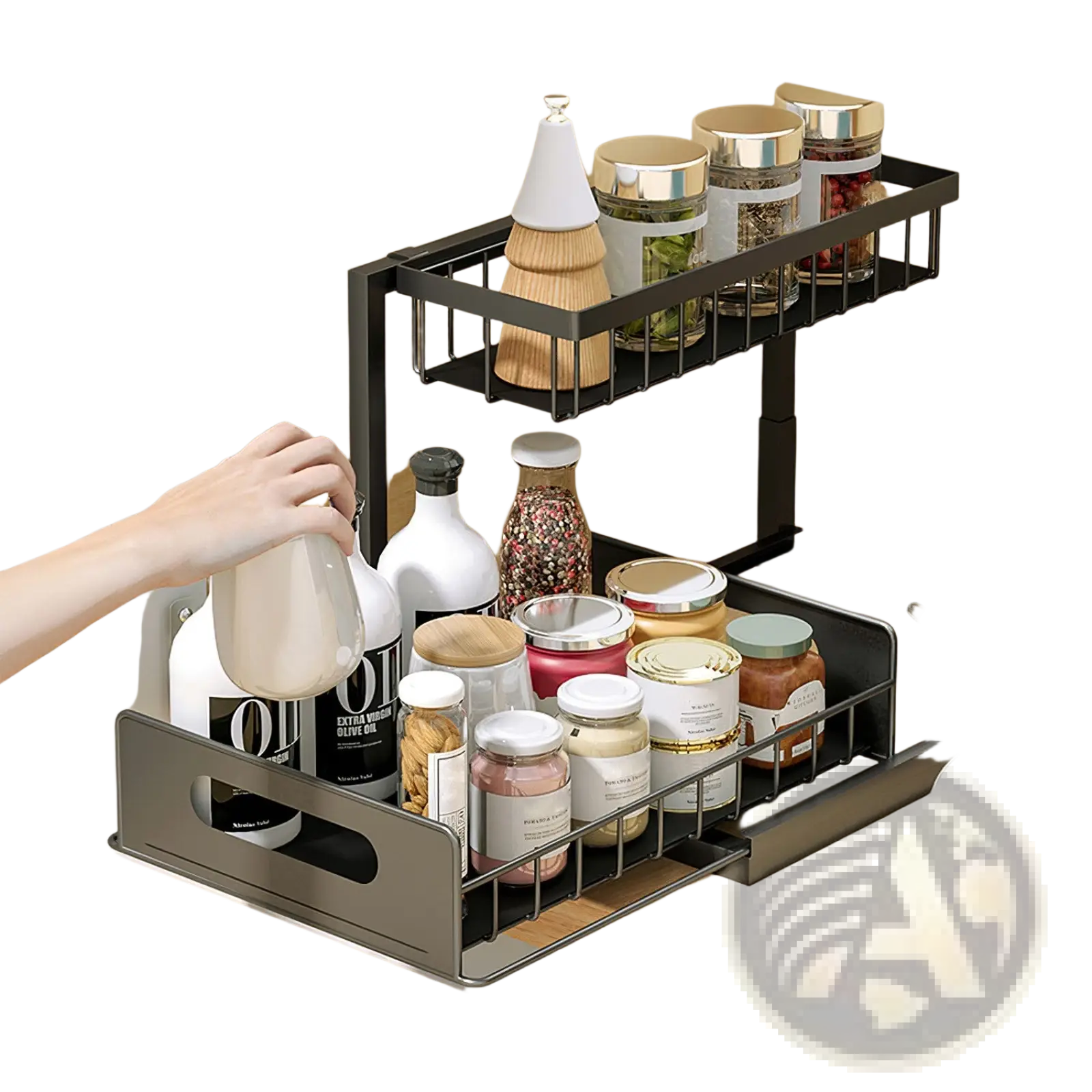 Black metal two-tier pull-out spice rack under sink organizer for efficient kitchen storage and easy access