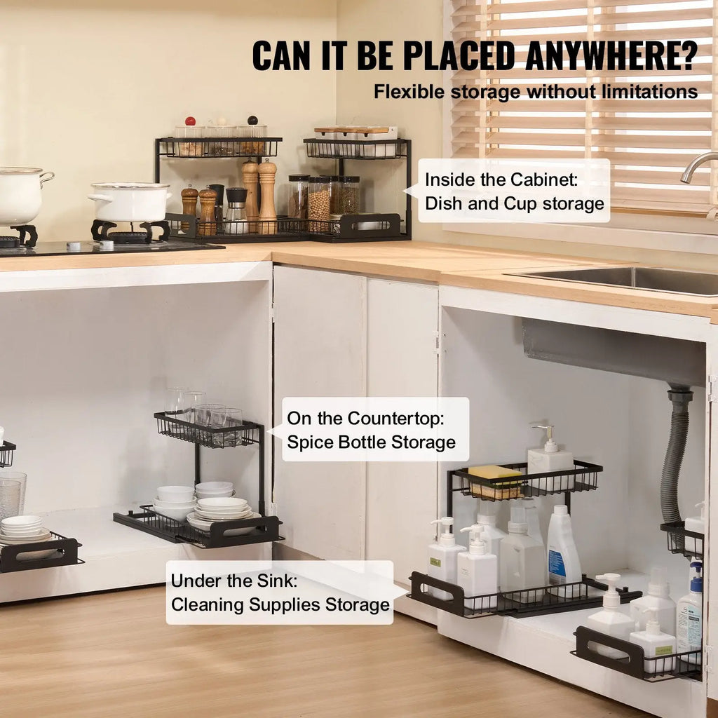 Under sink organizer 2 tier black wire mesh pull out baskets with adjustable shelves and handles for flexible kitchen storage