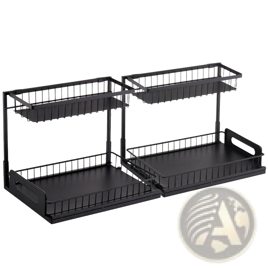 Under sink organizer black metal two-tier pull out kitchen shelf with wire mesh sides and solid base trays