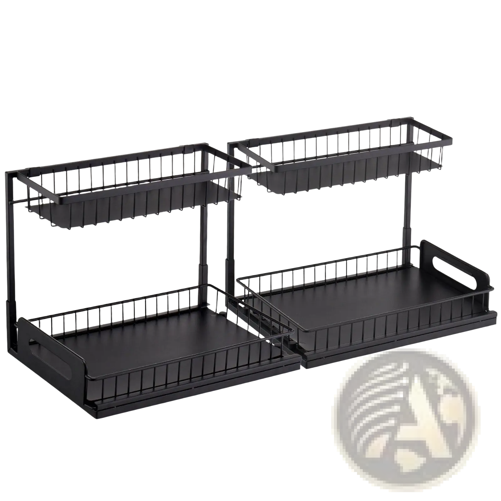 Under sink organizer black metal two-tier pull out kitchen shelf with wire mesh sides and solid base trays