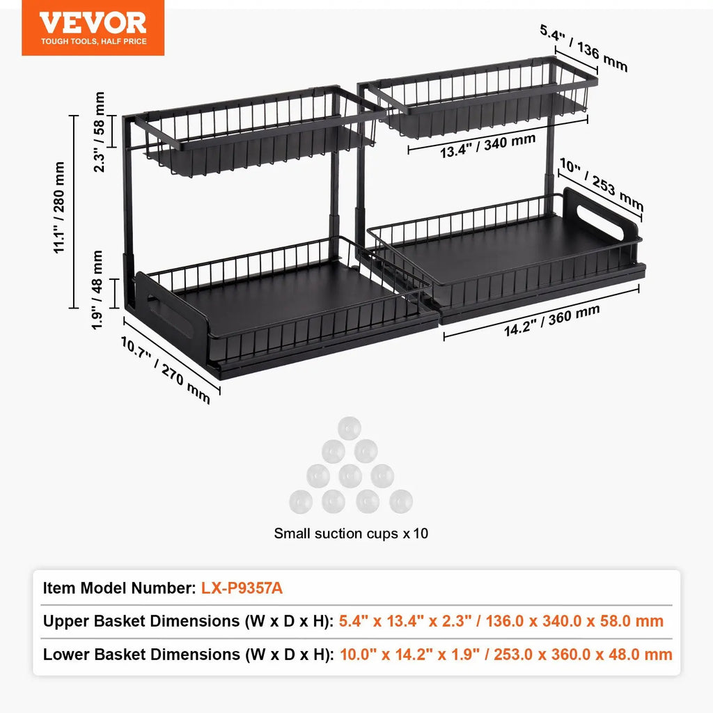 Black metal two-tier under sink organizer with wire mesh baskets and flat bottom shelf for kitchen storage