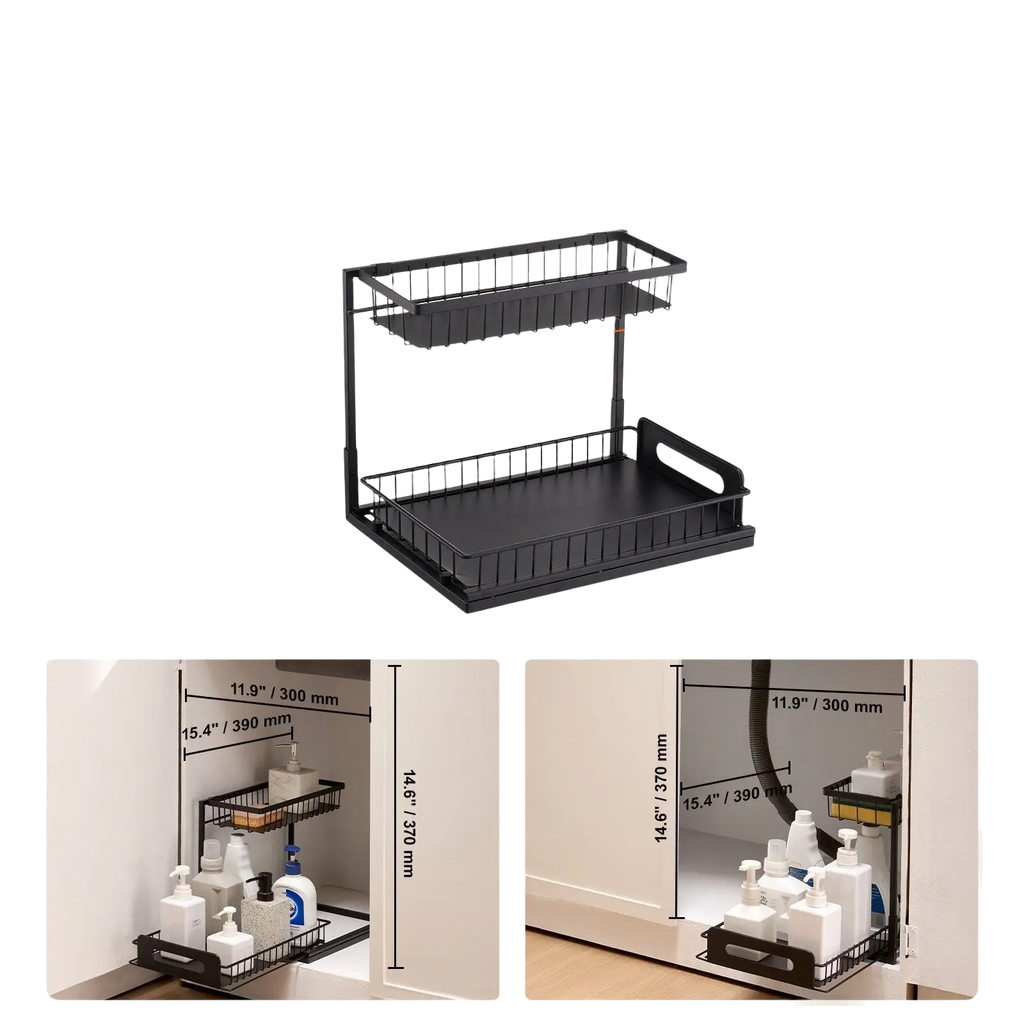 Black metal two-tier under sink organizer with wire pull out baskets for kitchen storage and organization