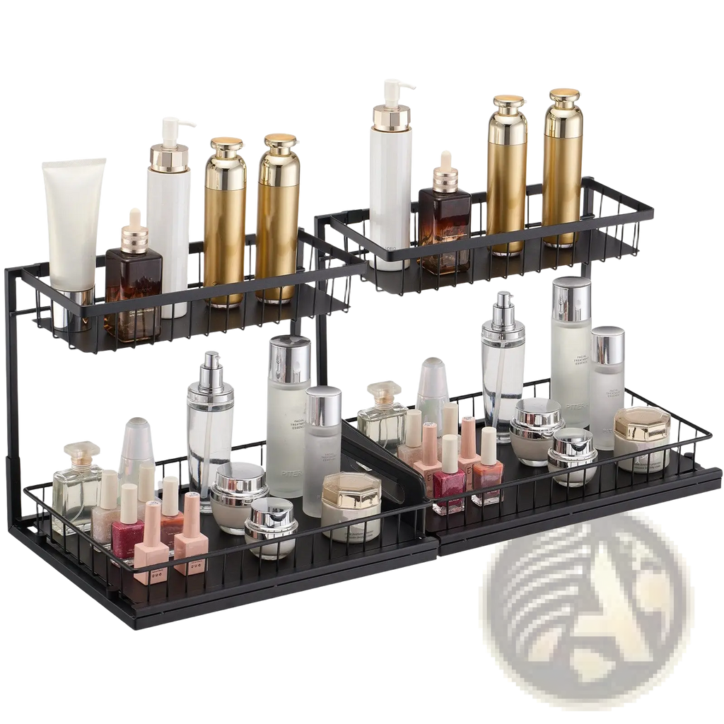 Black metal two-tier under sink organizer with wire pull out baskets for bathroom storage and organization