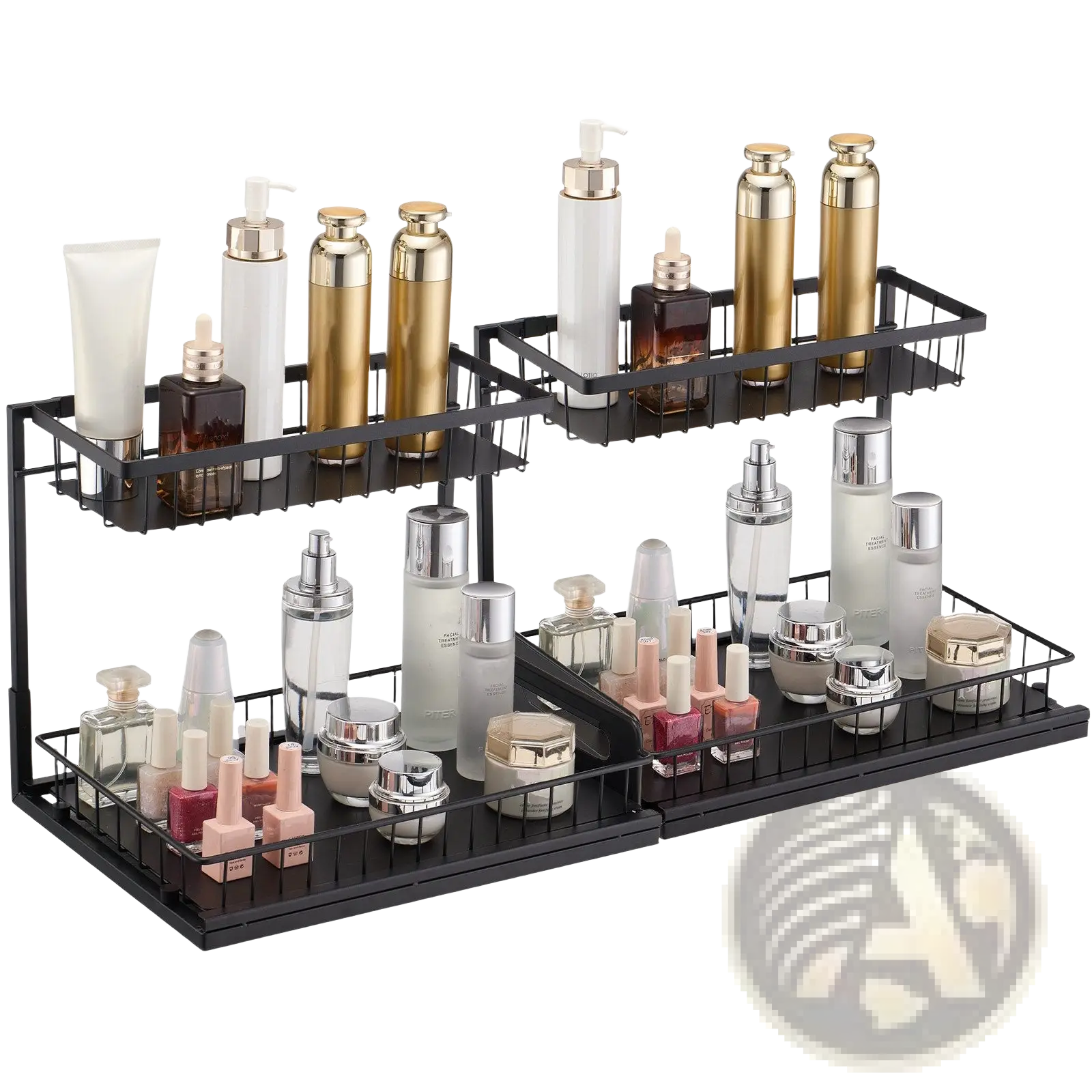Black metal two-tier under sink organizer with wire pull out baskets for bathroom storage and organization