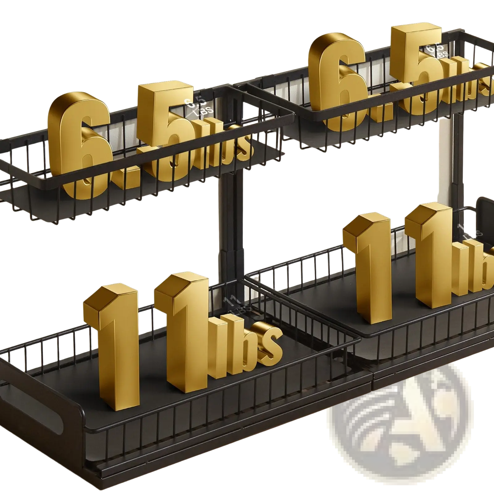 Black metal under sink organizer with two tier wire pull out baskets and gold colored weight indicators