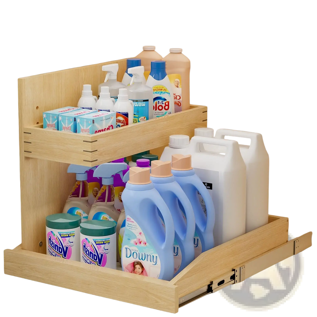 Light-colored wooden two-tier sliding under sink organizer with pull out drawers for laundry supplies 19.5w